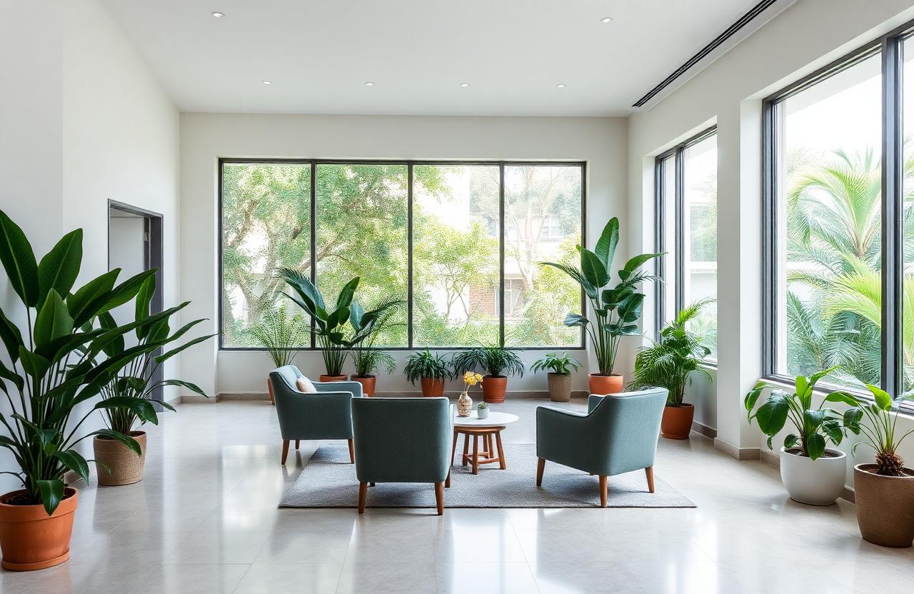 Ambiente acolhedor de clínica de recuperação credenciada com iluminação natural e plantas