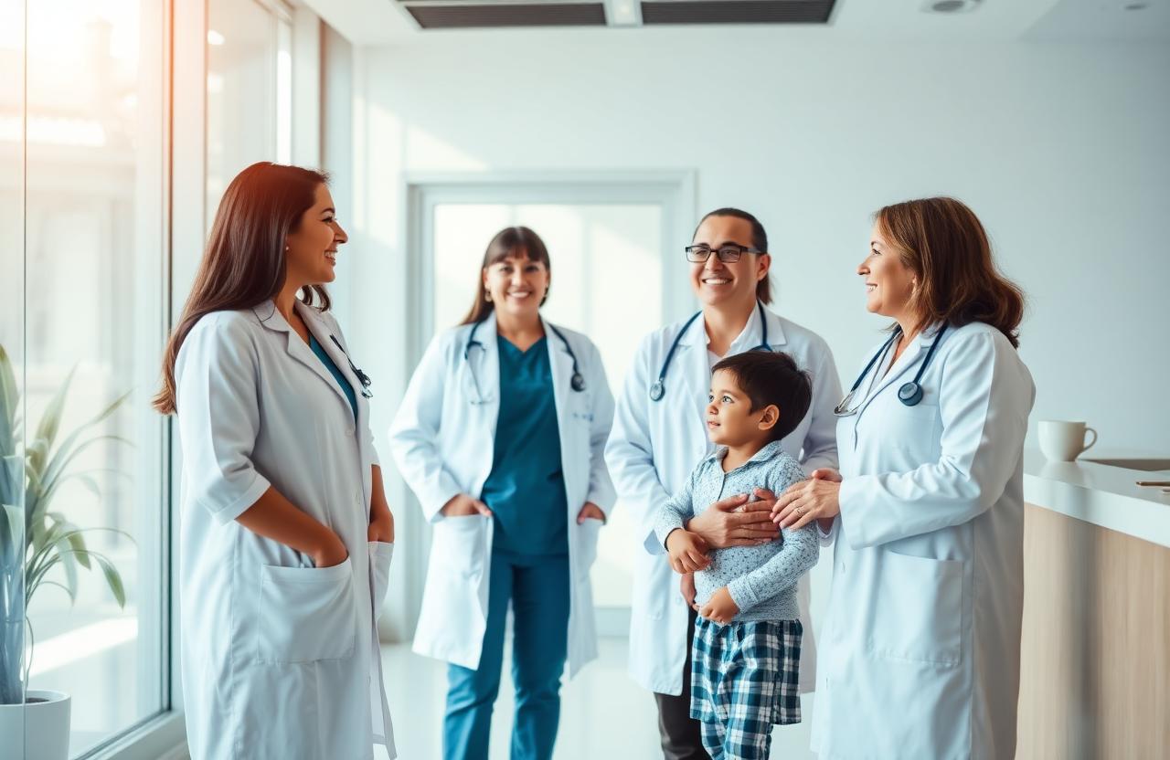 Equipe multidisciplinar de médicos e psicólogos acolhendo família em clínica de recuperação credenciada